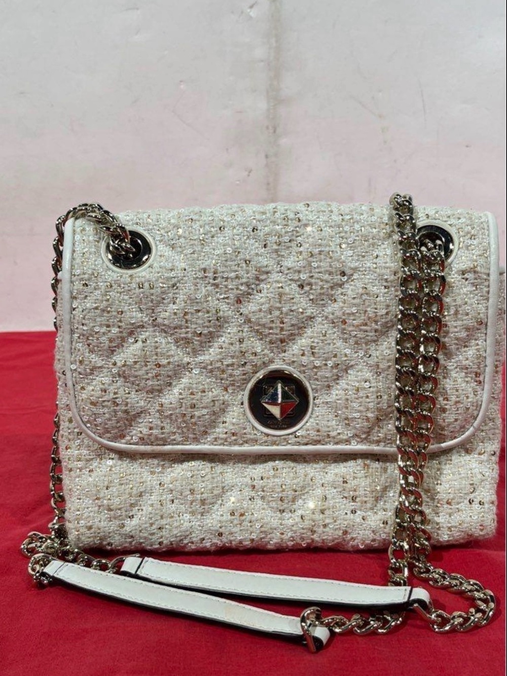 Kate Spade White Quilted Sequin Tweed Shoulder Bag - Chic Chain Strap
